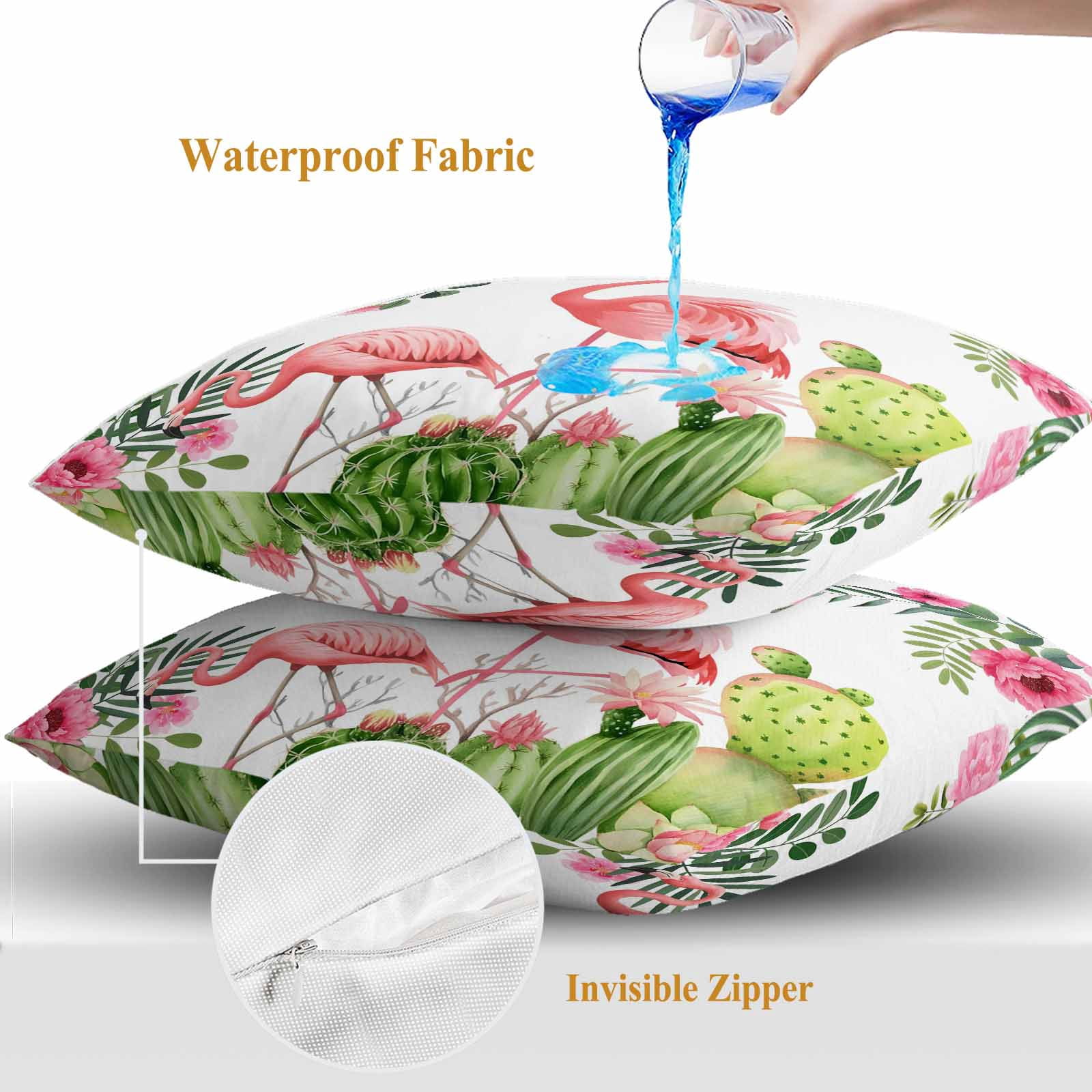 Outdoor Waterproof Throw Pillow Covers Set of 2 Pink Floral Flamingos Decorative Pillowcases Square Outdoor Pillows Cushion Case 16x16 Inch Summer Tropical Cactus Patio Pillows for Couch Sofa Bed