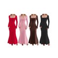 thumbnail image 3 of SUNSIOM Robe Longue Femme Couleur Unie Col Carré Queue de Poisson Manches Longues Automne Hiver Mode Robe Moulante, 3 of 7