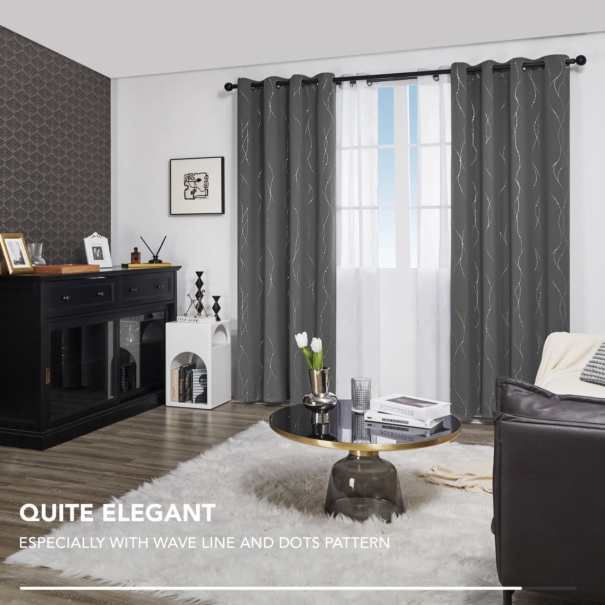 Deconovo Silver Printed Blackout Curtains - 2 Panels, Wave Dots Pattern, Grommet Top, 52"x63", Thermal Insulated Drapes for Bedroom & Living Room, Gray