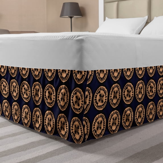 Abstract Bed Skirt, Rhythmic Ethnic Circles Motifs Woodcut Look Modern Illustration Print, Elastic Bedskirt Dust Ruffle Wrap Around for Bedding Decor, 4 Sizes, Dark Night Blue Peach, by Ambesonne