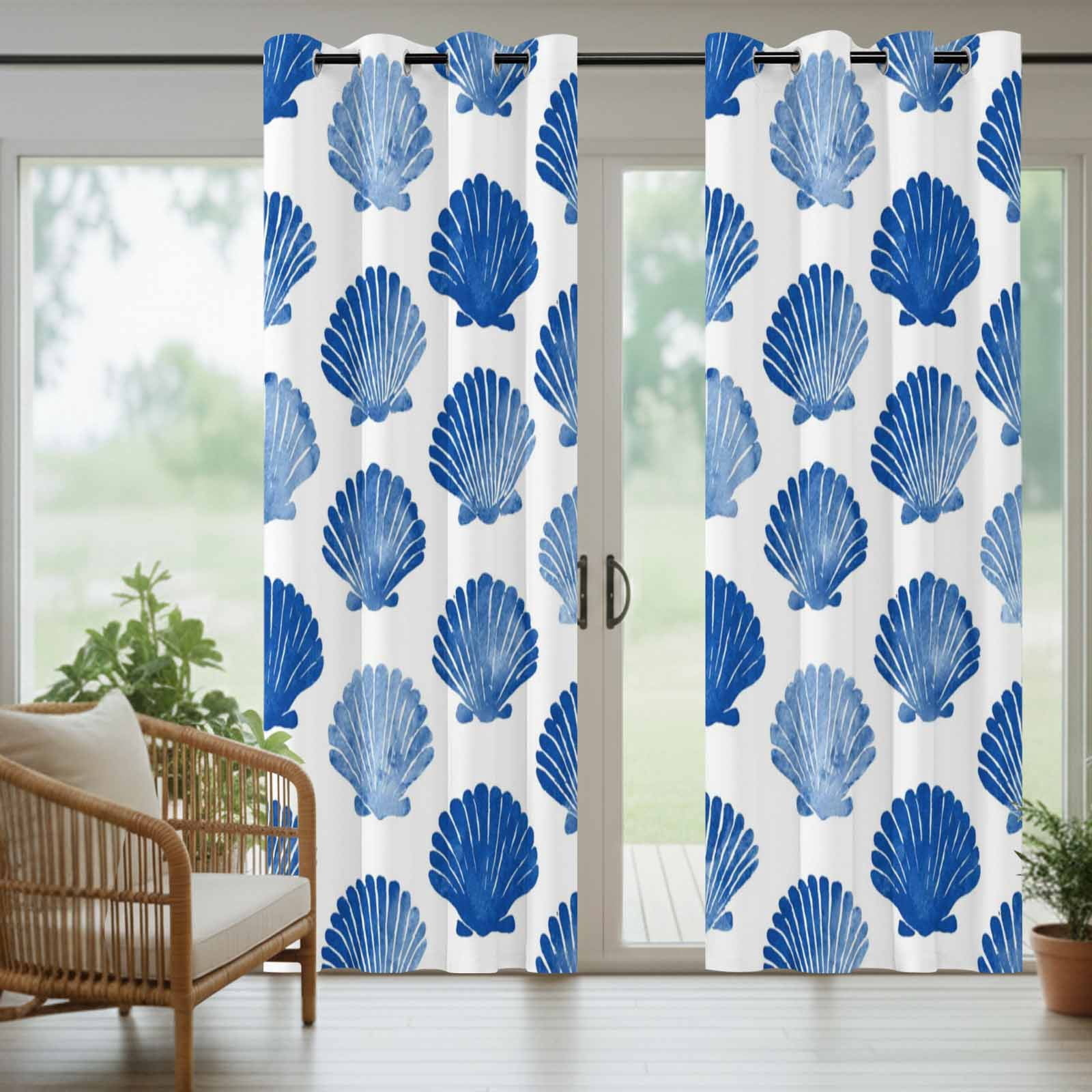 Blue Scallops Shell Outdoor Curtains for Patio, Sea Ocean Coastal Nature Summer Sunshade Privacy Drapes Grommet Waterproof Outside Curtains for Porch/Cabana/Balcony 54"x 108", 1 Panel