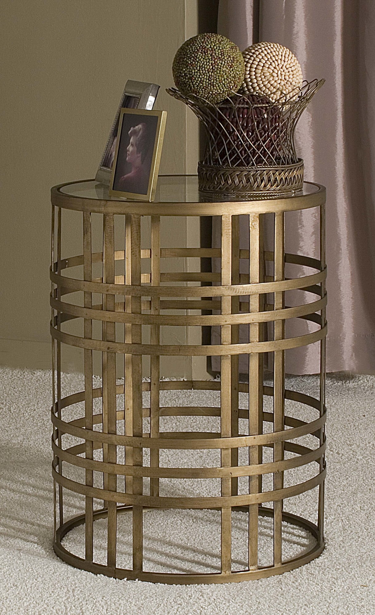 FirsTime & Co. Gold Woven End Table, Modern, Painted, Round, Metal, 16.5 x 16.5 x 22 in