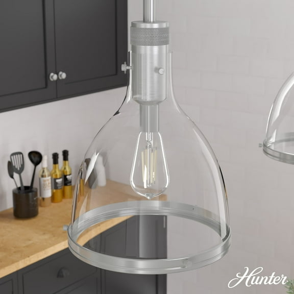 Hunter - Van Nuys 1-light Brushed Nickel, Medium Size Pendant Light, Dimmable, Transitional Style, Bell Shaped, for Bedrooms, Dining, Living Rooms - 19296