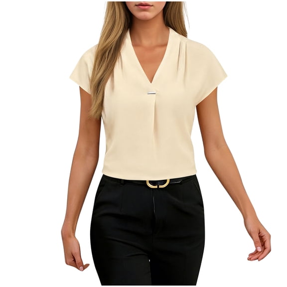 VEKDONE Womens Dressy Cap Sleeve Blouse V Neck Button Tunic Tops Fashion Solid Color Business Work Shirts Casual Lightweight Pleated Shirt Beige S