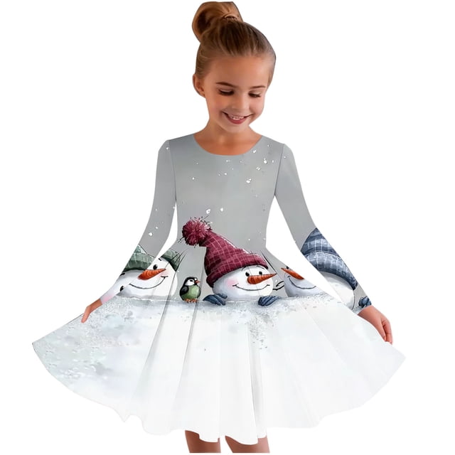 RXMEKW Robe Patineuse de Noël Imprimée pour Filles à Manches Longues à Col Rond Robe Tournoyante pour Récital et Fête pour l'École des Fêtes et les Événements Festifs