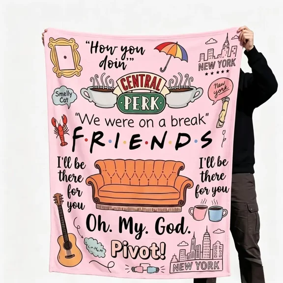 Friends-Inspired Pink Flannel Throw Blanket, Central Perk Quote Graphic Print, Colorful Character Icon Design, Soft Cozy Blanket for Sofa Living Room TV Watching, Decorative Home Gift