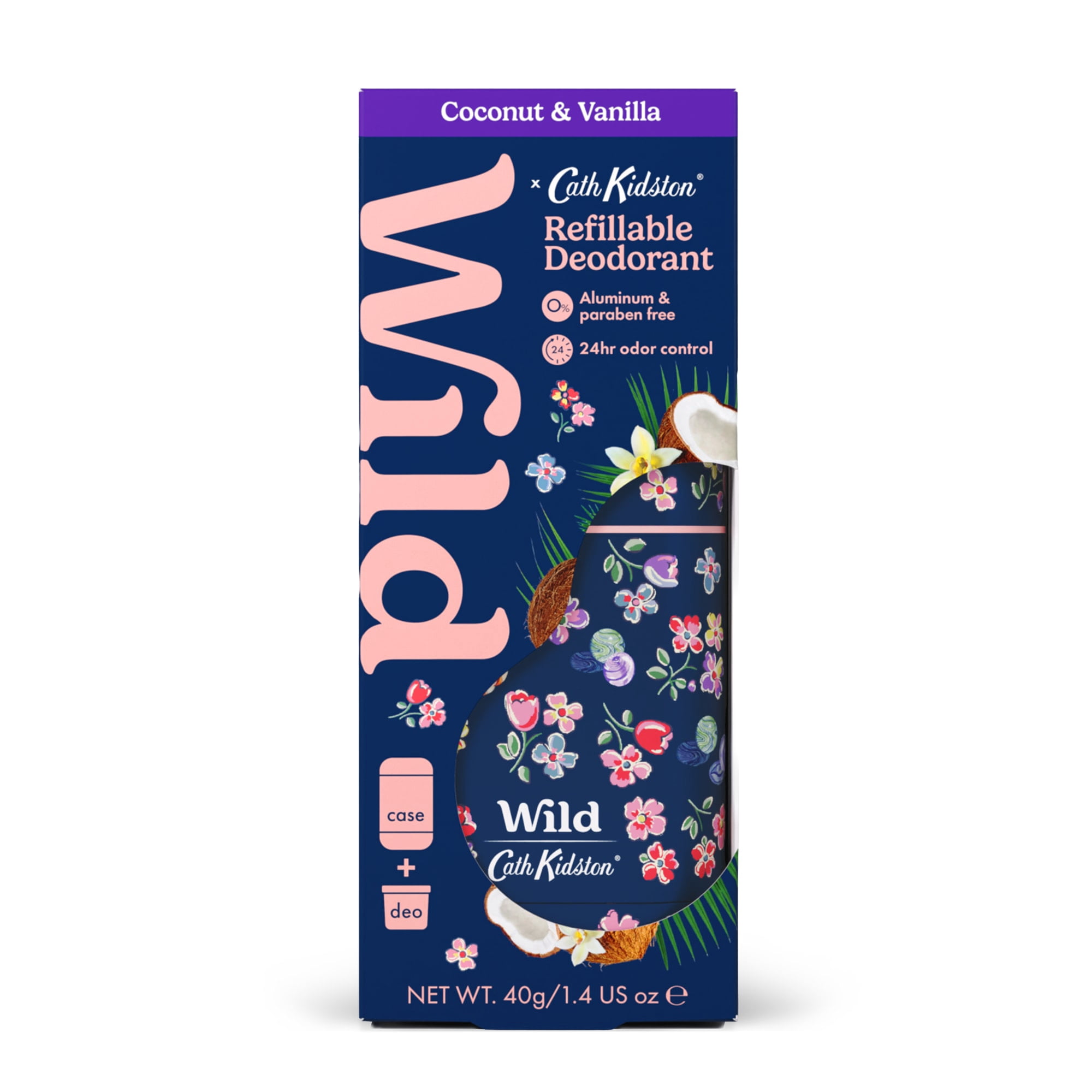 Wild Refillable Deodorant Starter Pack – Aluminum Free. Cath Kidston Marble Ditsy Case + Coconut & Vanilla Refill, for Women and Men, 1.4oz