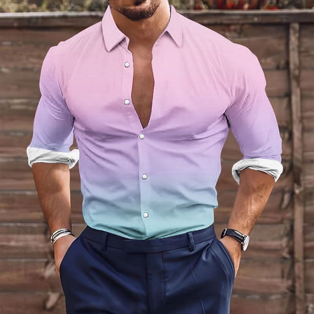 Blusa y camisa de manga larga con cuello vuelto para hombre, estilo casual, a la moda, con botones estampados, blusa de manga larga con cuello vuelto, camisetas de poliéster para hombre