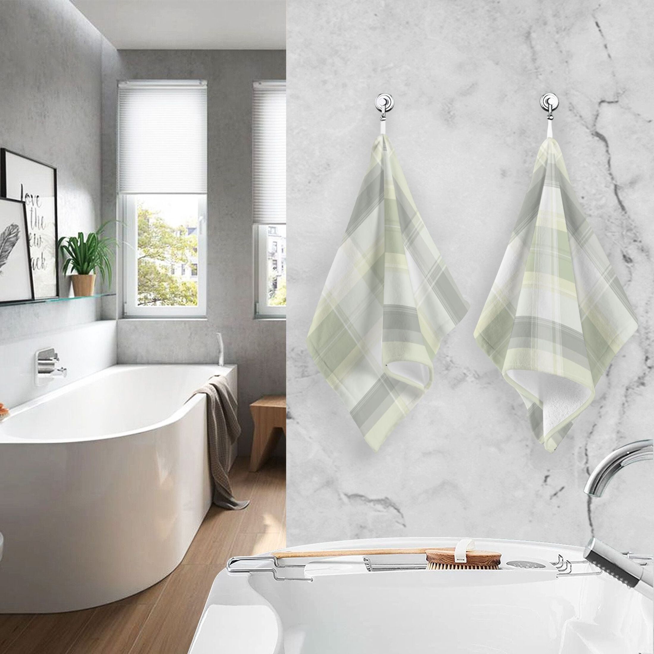 2 Pcs Absorbent Face Towel Bath Hand Towels Soft Breathable Cotton Towel Set for Bathroom Kitchen Hotel Spa Decor Light Gray and Green Plaid