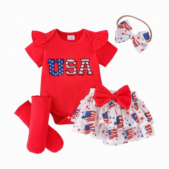 enyan Baby Onesies Infant Newborn Baby Girl 4th of July Outfits Letter Romper Tutu Shorts Set Independence Day Summer Clothes,Red,6--9 Months