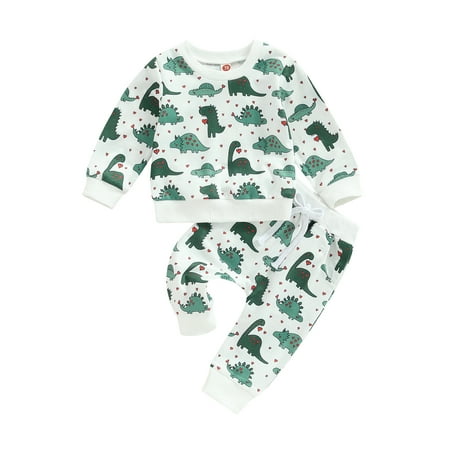 

Baby Boys Pants Set Heart Dinosaur Print Long Sleeve Crew Neck Sweatshirt with Elastic Waist Sweatpants
