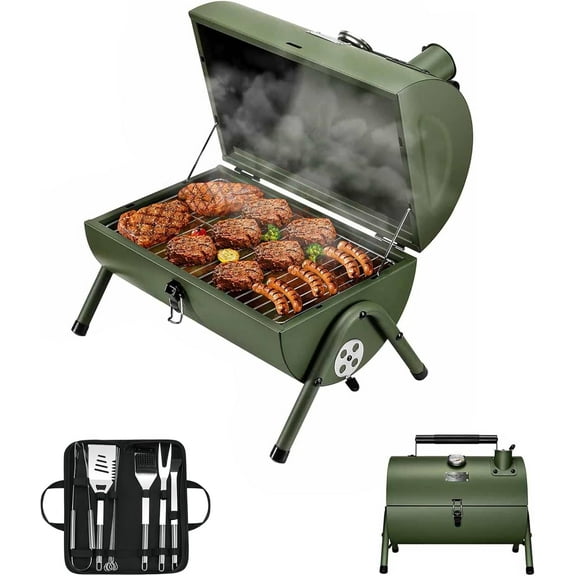Adjustable Portable Charcoal Grill Multi-functional Metal Small BBQ Smoker with 9-Piece Stainless Steel Grill Tool Set for Outdoor Hiking Picnic (Green Kit)