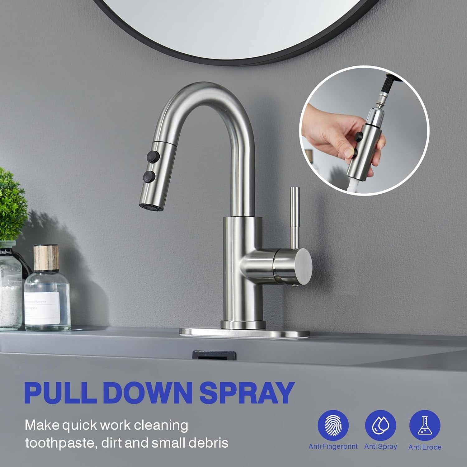 Bathroom Sink Faucet with Pull Down Sprayer, Brushed Nickel Single Handle Pull Out Faucet with Pop-Up Drain, 1 or 3 Hole Laundry Bar Basin Faucet with Deck Plate