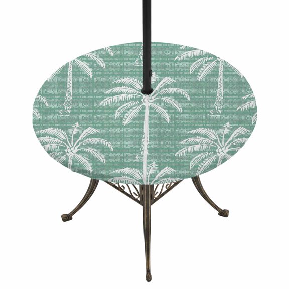 Outdoor Tablecloth with Umbrella Hole and Zipper Tropical Palm Trees Round Fitted Table Cover with Elastic Waterproof Summer Beach Green Patio Tablecloths for Picnic BBQS Garden Party Fit 55"-60"