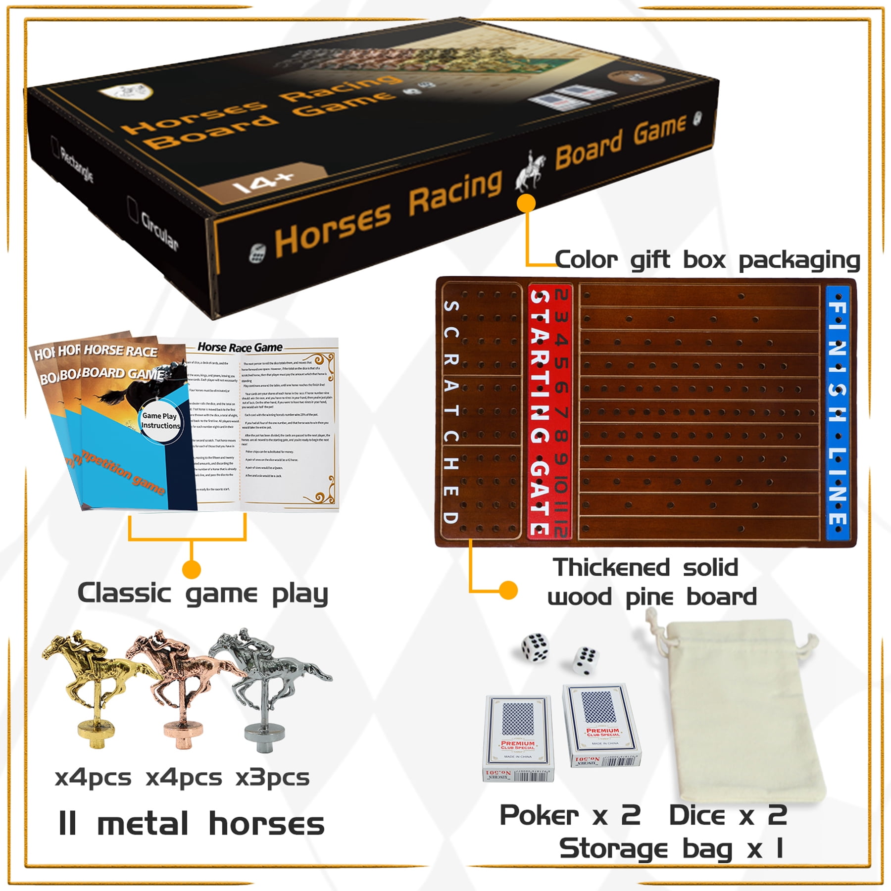 Grhonior Horse Race Board Game Racing Game Thickened Solid Wood with 11 Luxurious Durable Classic Metal Horses with 4 Dice and 2 Boxes of Cards Horse Racing Game (Walnut Color, Rectangle)