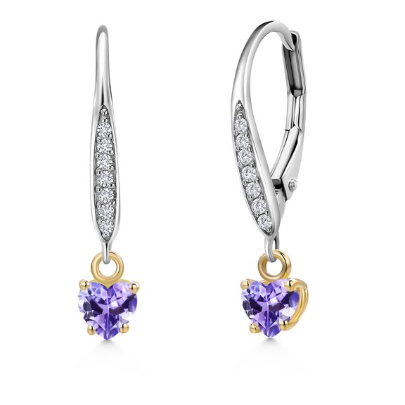 Gem Stone King 925 Silver and 10K Yellow Gold Blue Tanzanite and Lab Grown Diamond Dangle Earrings for Women | 0.56 Cttw | Gemstone December Birthstone | Heart Shape 4MM
