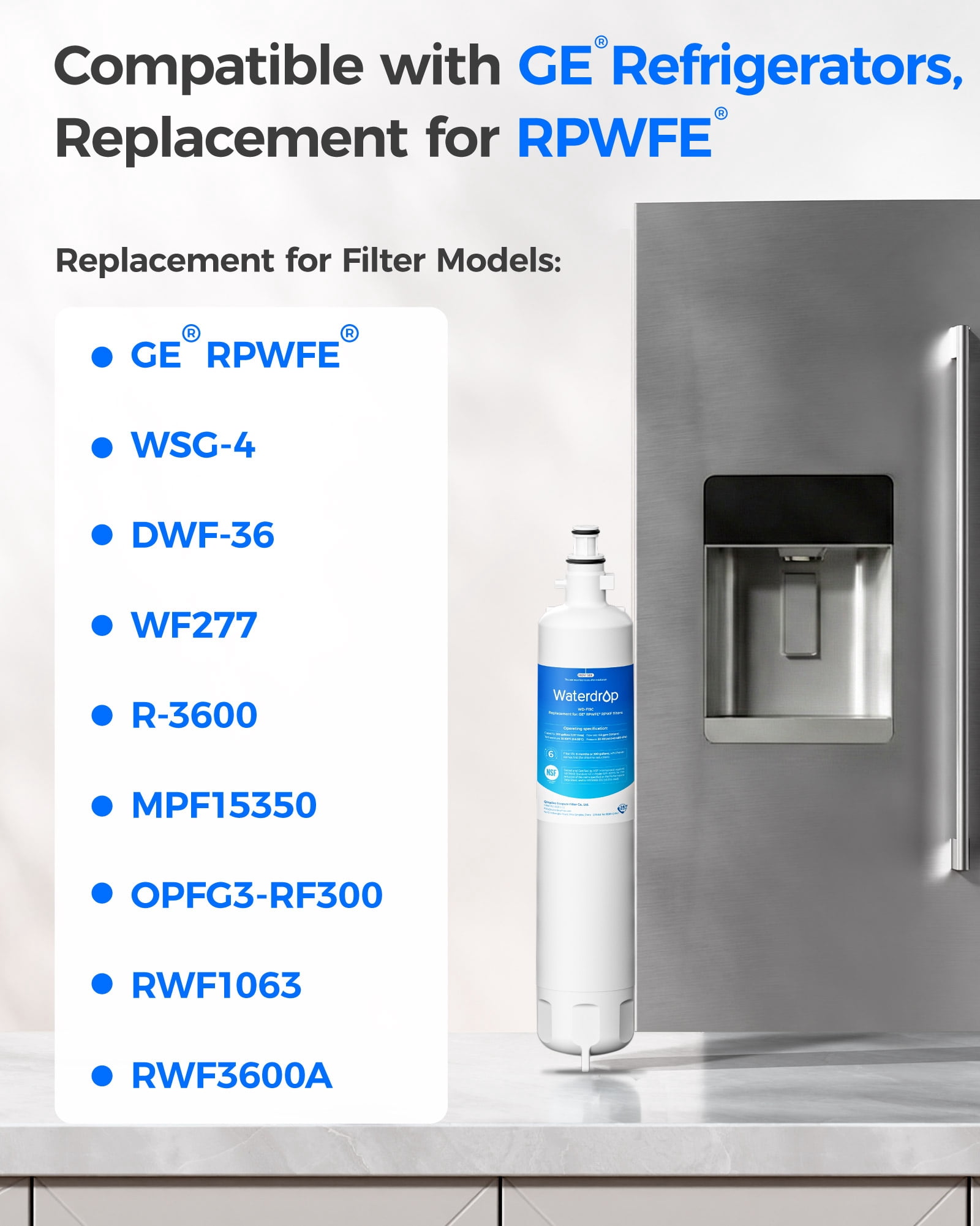 Waterdrop Replacement for GE® RPWFE®, RPWF (Built-in CHIP) Refrigerator Water Filter, Compatible with GFE28GYNFS, GFE28GELDS, PFE28KELDS, PFE28KYNFS, GFD28GELDS, PWE23KELDS, PWE23KMKES, 3 Filters