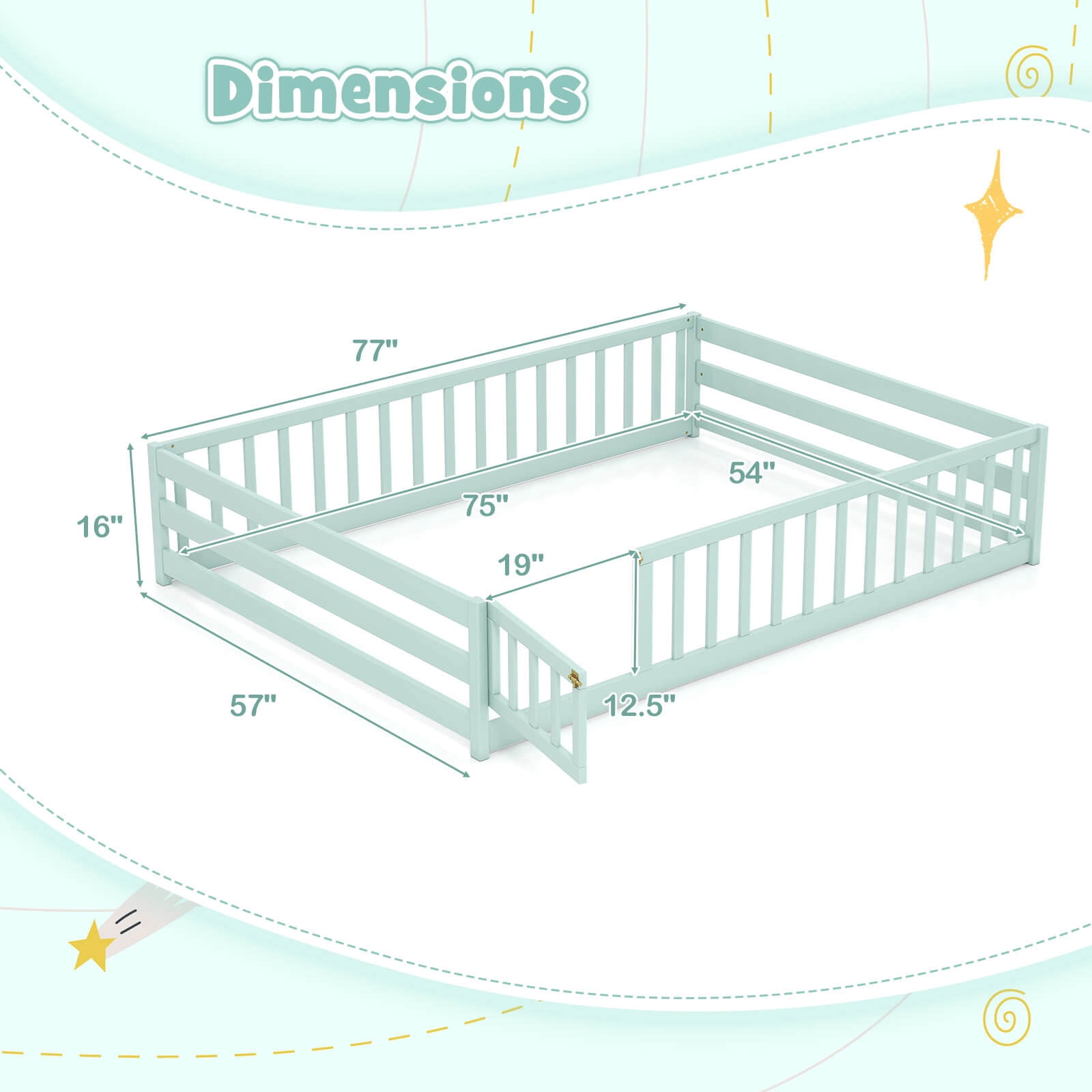 Costway Full Size Floor Bed with Full Length Safety Guardrails & Door for Boys, Girls Mint Sky