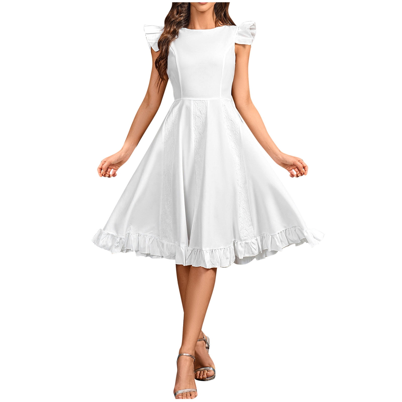 HKEJIAOI White Dress Women Flutter Sleeve Crewneck Ruffle Hem Midi Dress  formal Prom Homecoming Party Dress, S - Walmart.ca