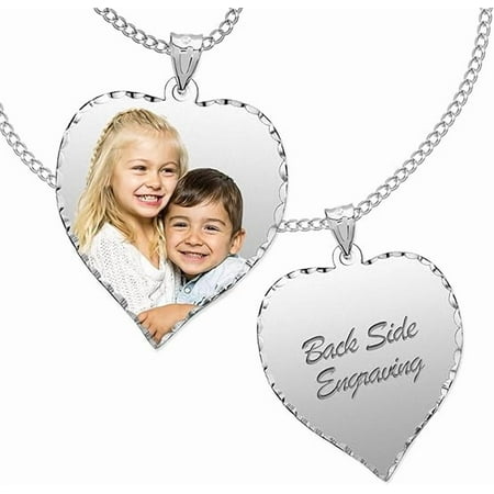 PicturesOnGold Personalized Photo Engraved Heart Shaped Picture Necklace with Diamond Cut Edge - 1 Inch x 1 Inch- Sterling Silver - W/Backside Engraving