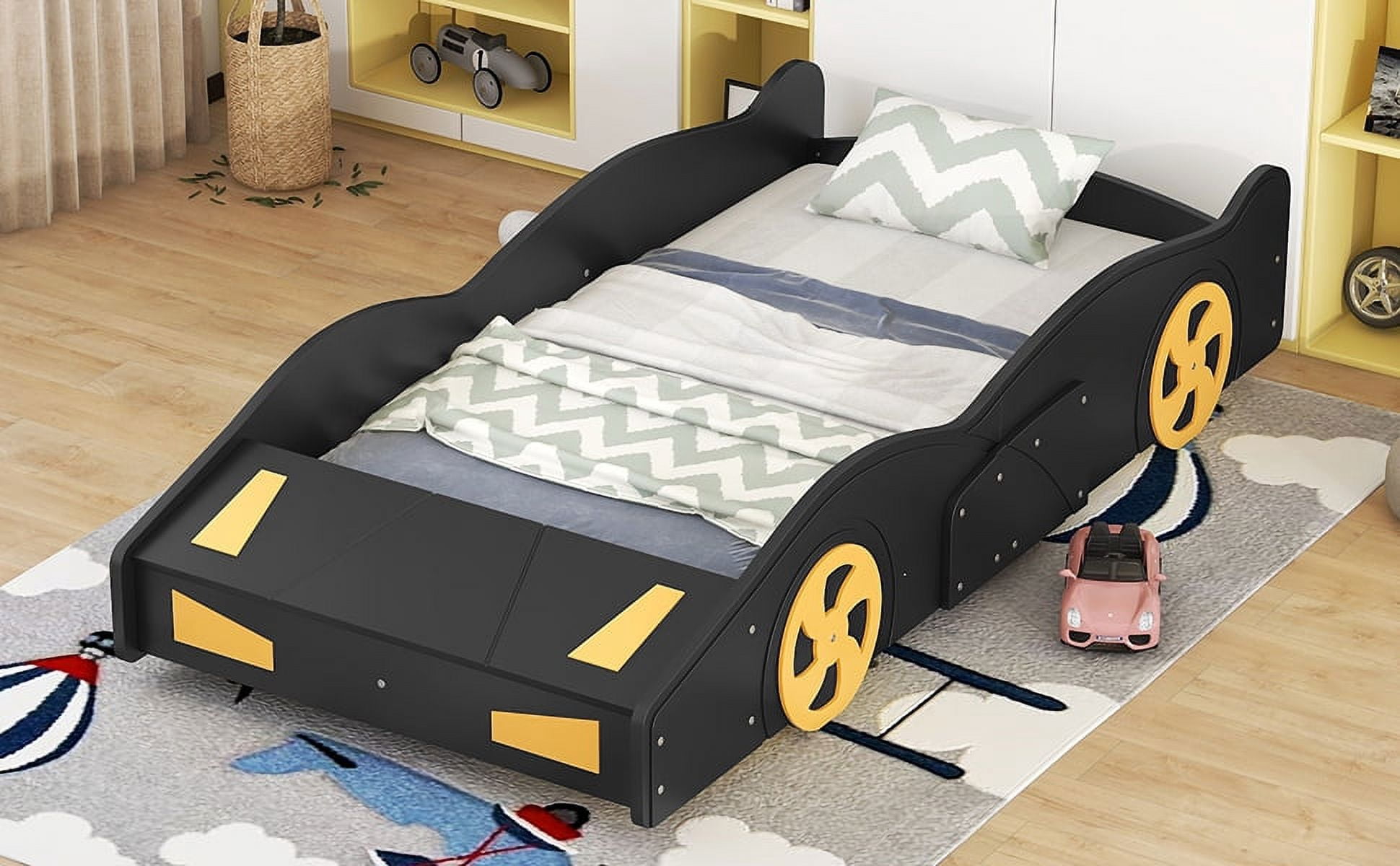 imerelez Twin Size Race Car-Shaped Platform Bed with Wheels and Storage, Black+Yellow