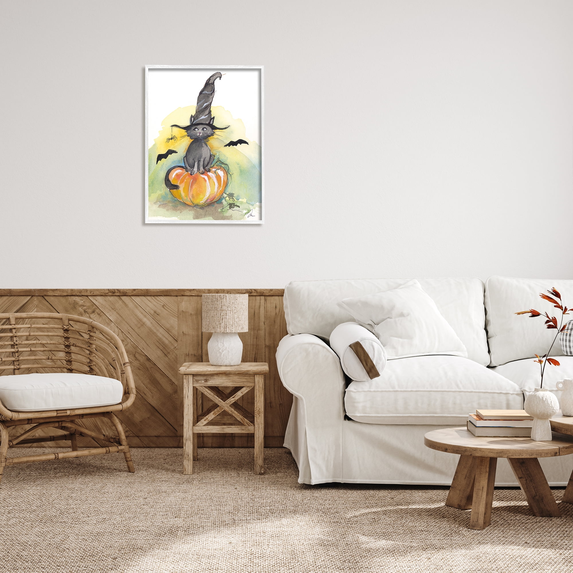 Stupell Industries Witch Cat on Pumpkin Holiday Painting White Framed Art Print Wall Art, 24 x 30