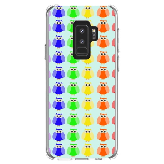 DistinctInk Clear Shockproof Hybrid Case for Samsung Galaxy S9  PLUS (6.2" Screen) - TPU Bumper, Acrylic Back, Tempered Glass Screen Protector - Rainbow Owls Cartoon - Cartoon Owls
