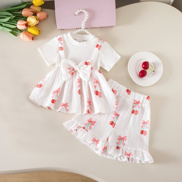 Conjuntos de blusas y camisas de cuello redondo y manga corta para niños, pantalones cortos de manga larga con tiras en las axilas, conjunto de boina de 3 piezas, pantalones cortos con cuentas de flor
