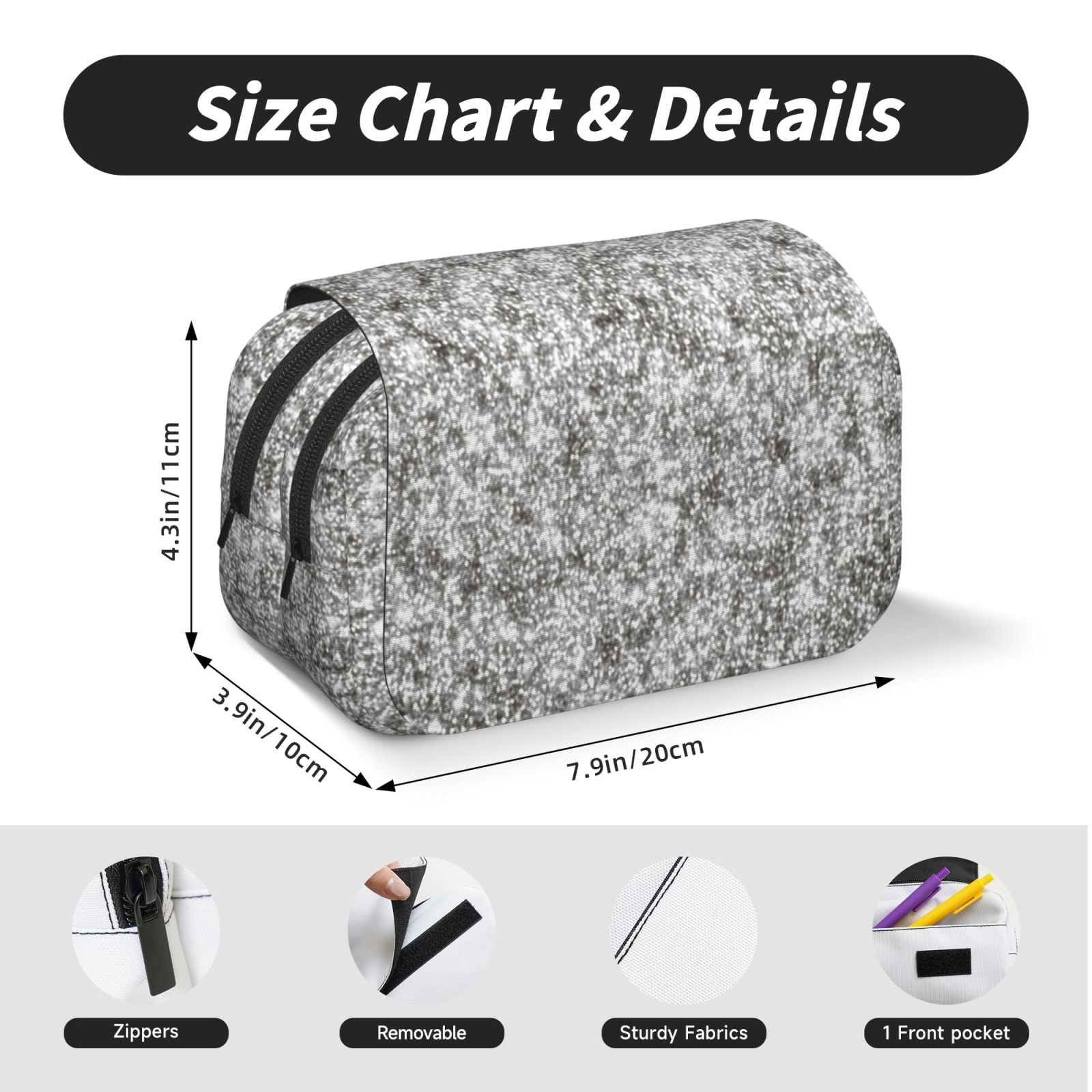 Rateoe Silver Glitter Pattern Double Clamshell Pen Case, Storage Organizer with Two Zipper Compartments– Holds Up to 50 Pencils & Pens
