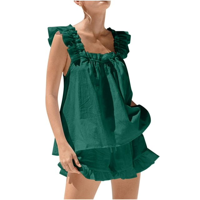 Wlynlyn Womens Pajamas Sets Square Neck Sleeveless Tank Tops Shorts Ruffle Pjs Sets Soft Loungewear S-XL