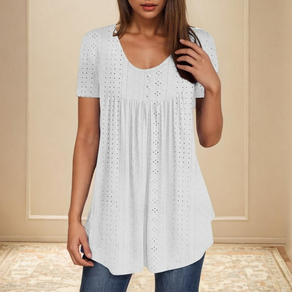 Timegard Summer Tops for Women Eyelet Scoop Neck Ruched Button Tunic Tops Beach Vacation Comfy Tee