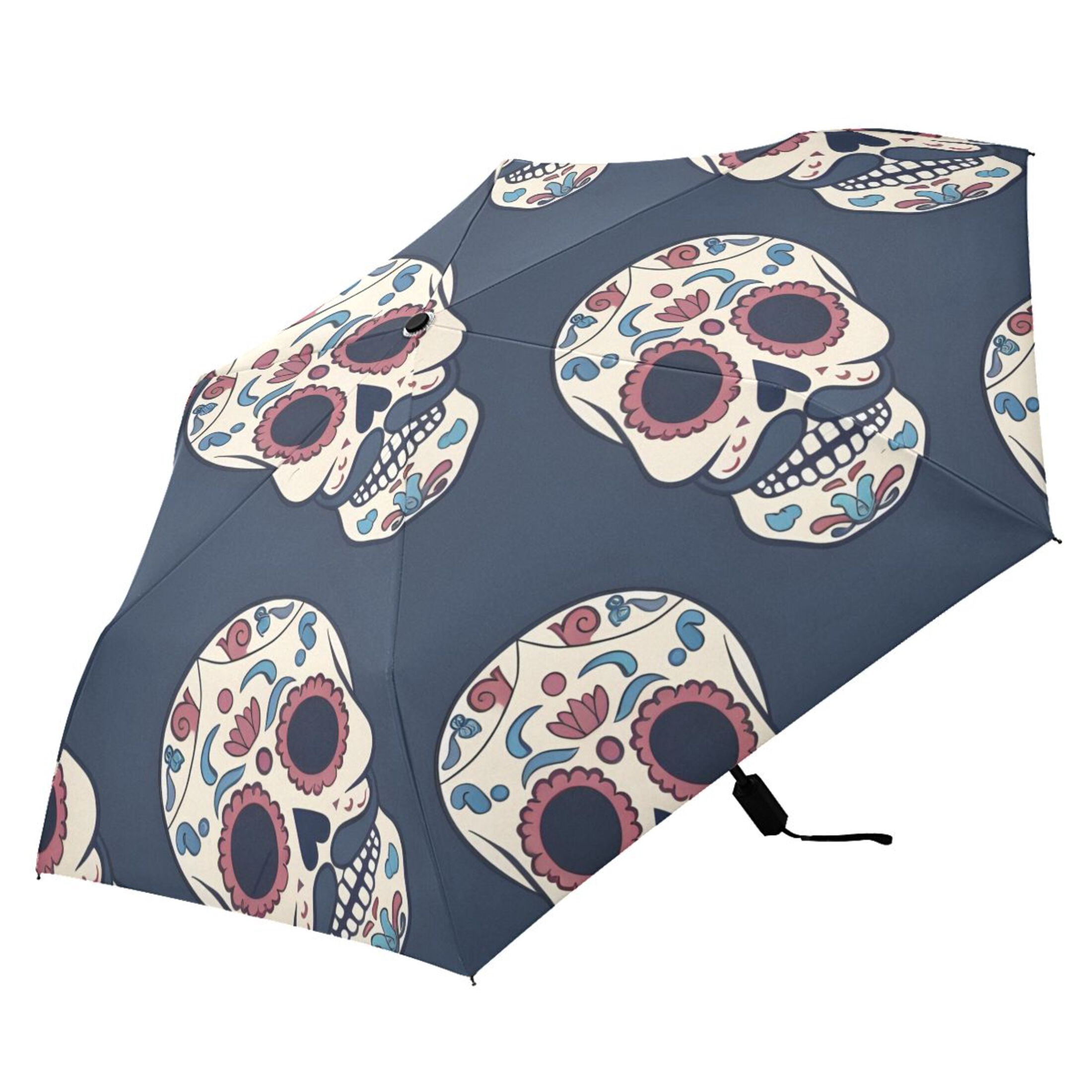 Skull with Mustache Compact Sun Umbrella Windproof Travel Umbrellas for Rain Strong Portable UV Protection