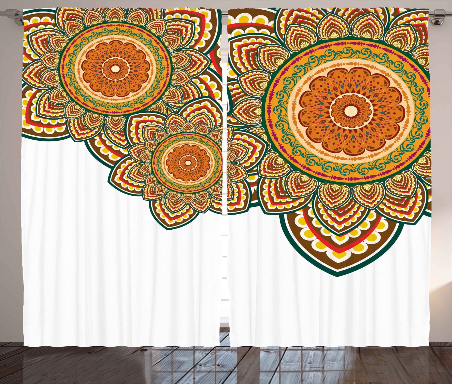 Ethnic Curtains 2 Panels Set, Paisley Eastern Oriental Design with