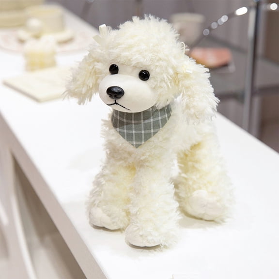 strola Toys Realistic Poodle Plush Stuffed Animal Toy with Scarf, Lifelike Small White Soft Plush Puppy Doll for Ki-ds and Adults, Cute Plush Dog for Birthday Gift Bedroom Decor 28cm