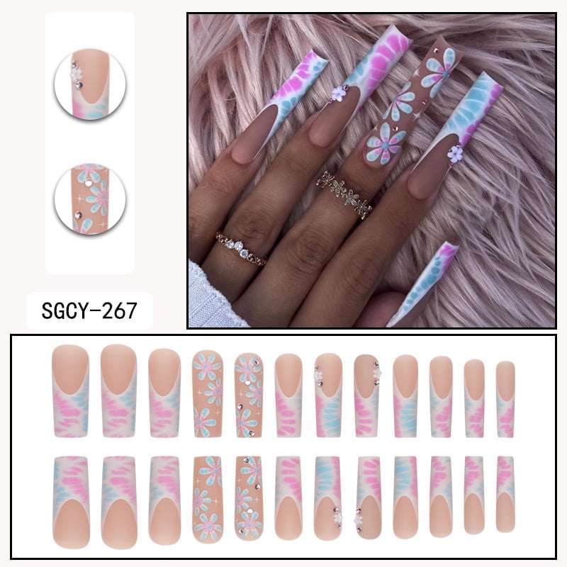 24 Long Coffins with French Patterns, Flowers, Butterfly Dots, Diamond Shiny Fake Nails, press on nails