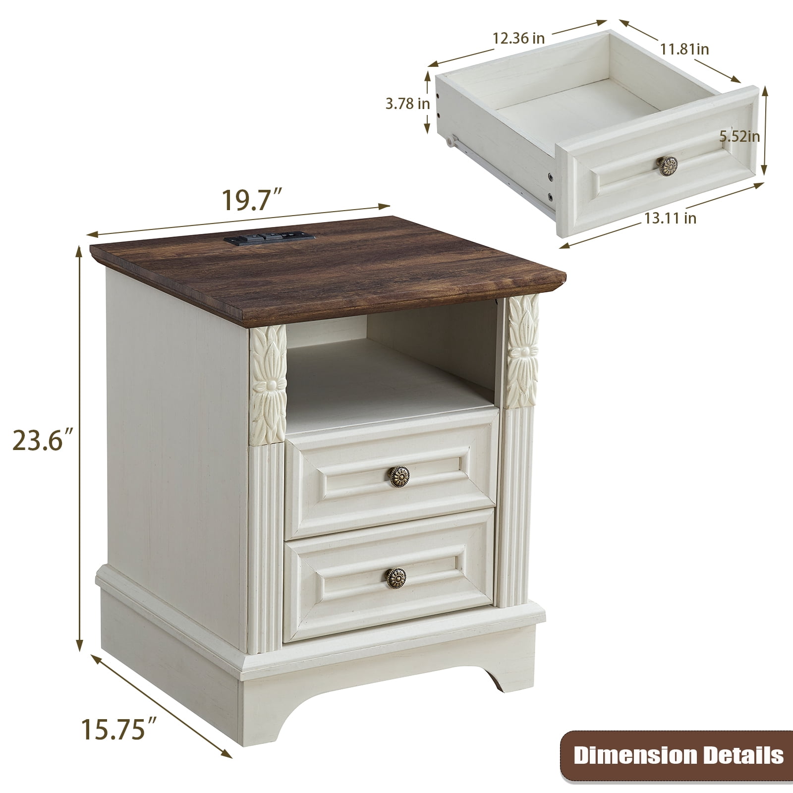 BOSHIRO Farmhouse Side Table with Charging Station, 2 Drawer Nightstand for Bedroom, Carved Design, Antique White