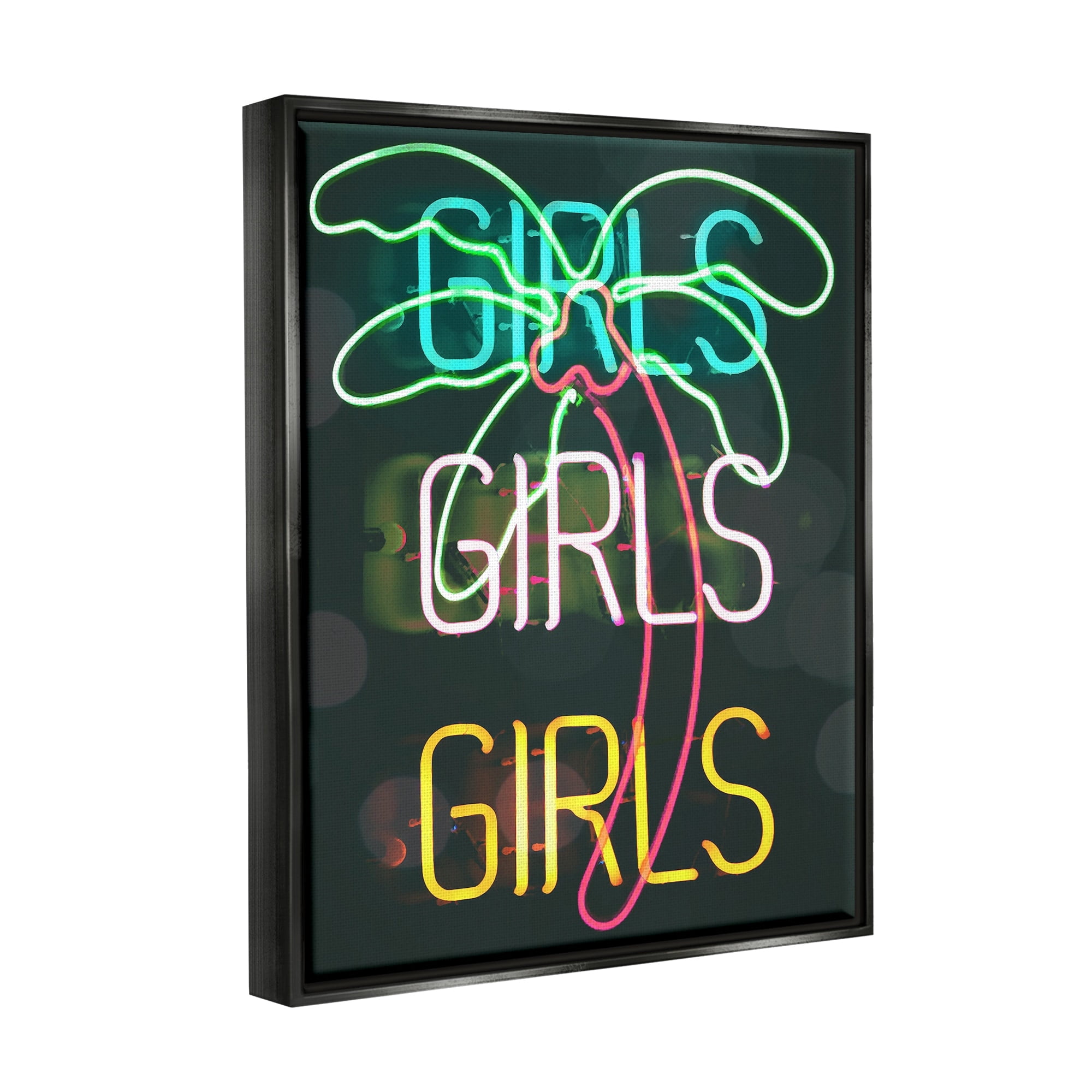 Stupell Industries Girls Neon Style Palm Tree Tropical Design Graphic Art Jet Black Floating Framed Canvas Print Wall Art, Design by Daphne Polselli