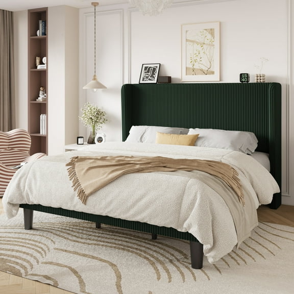 Einfach King Luxury Channel-Tufted Corduroy Velvet Platform Bed Frame with Wingback Headboard, Green