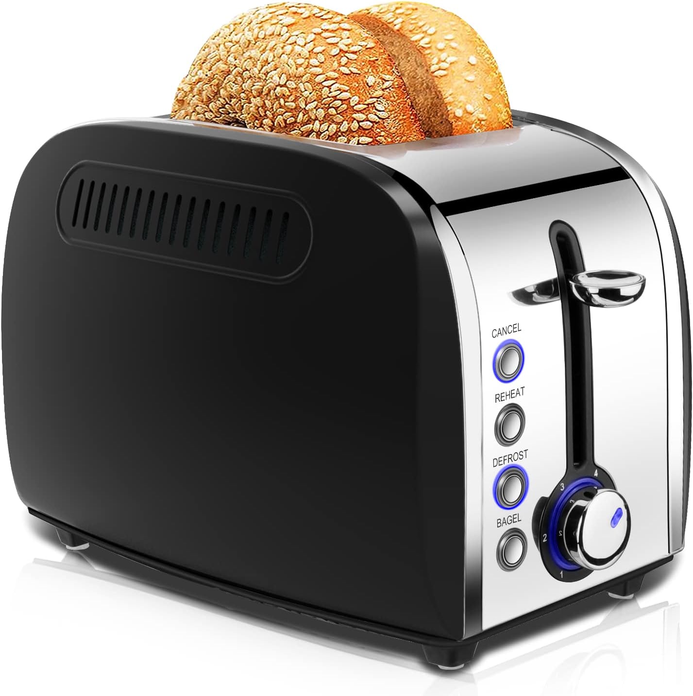 Toaster 2 Slice, JEWJIO Black Stainless Steel Bagel Toaster with 1.5