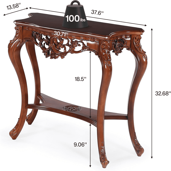 38-Inch Vintage Carved Console Table, 2-Tier Distressed Brown Entryway Table with Hollow Floral Motifs, Victorian Style for Living Room & Hallway