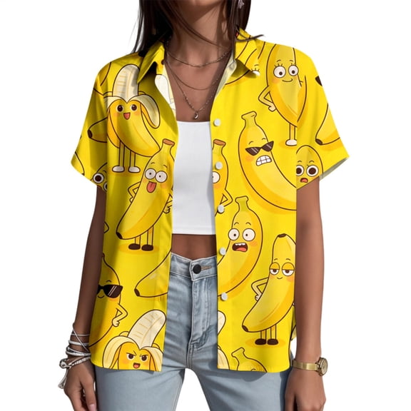 adaychics Hawaiian Shirt for Women Funny Banana Lapel Short Sleeve Casual Button Down Shirts Fashion Clothes for Travel
