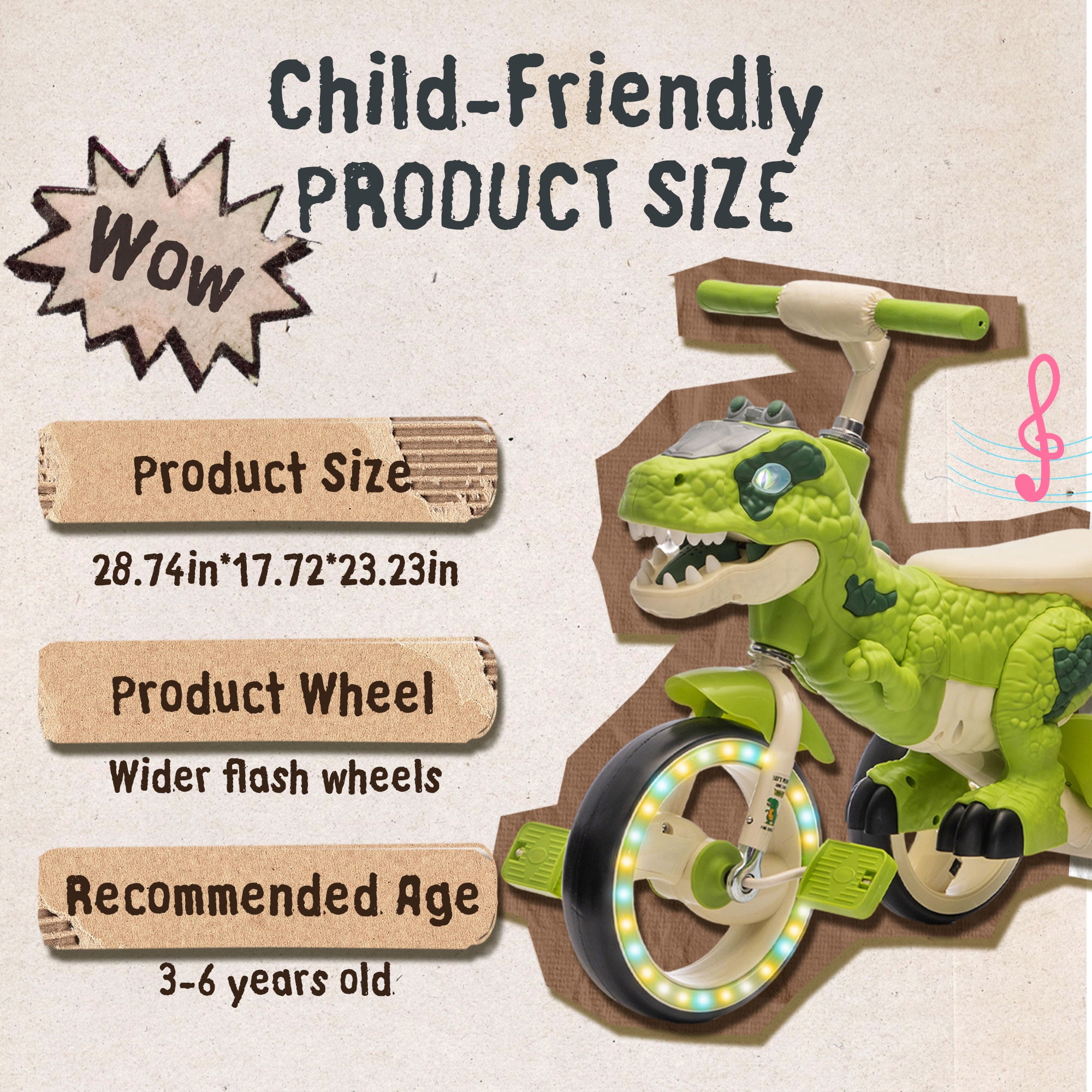 Xuanlur Kids Ride on Dinosaur Tricycle, Toddlers Kid Trike with EVA Wide Flash Wheels, Anti-Slip Pedals, Rear Basket, Music & LED Lights, Toddler Bike Toys Gift for 3-6 Year Old Boys & Girls (Green)