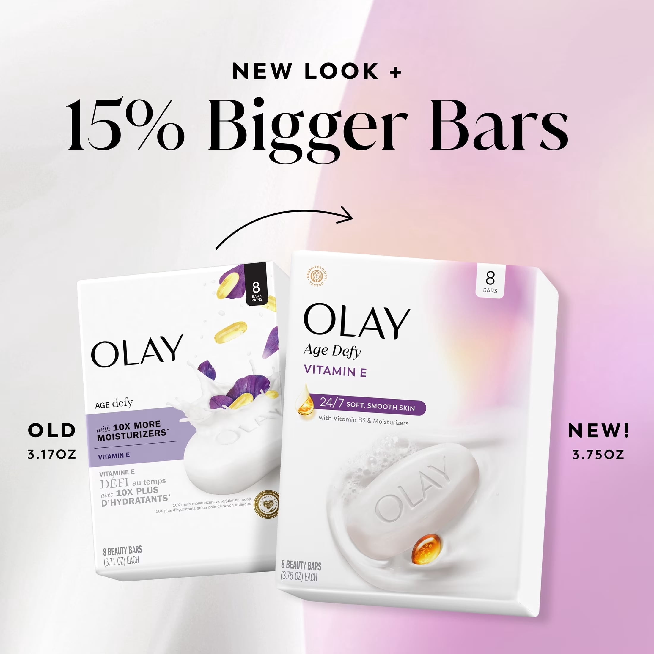 Olay Ultra Moisture Age Defy Beauty Bar with Vitamin E, Vitamin B3 and Moisturizers, 3.75oz, 8 Count