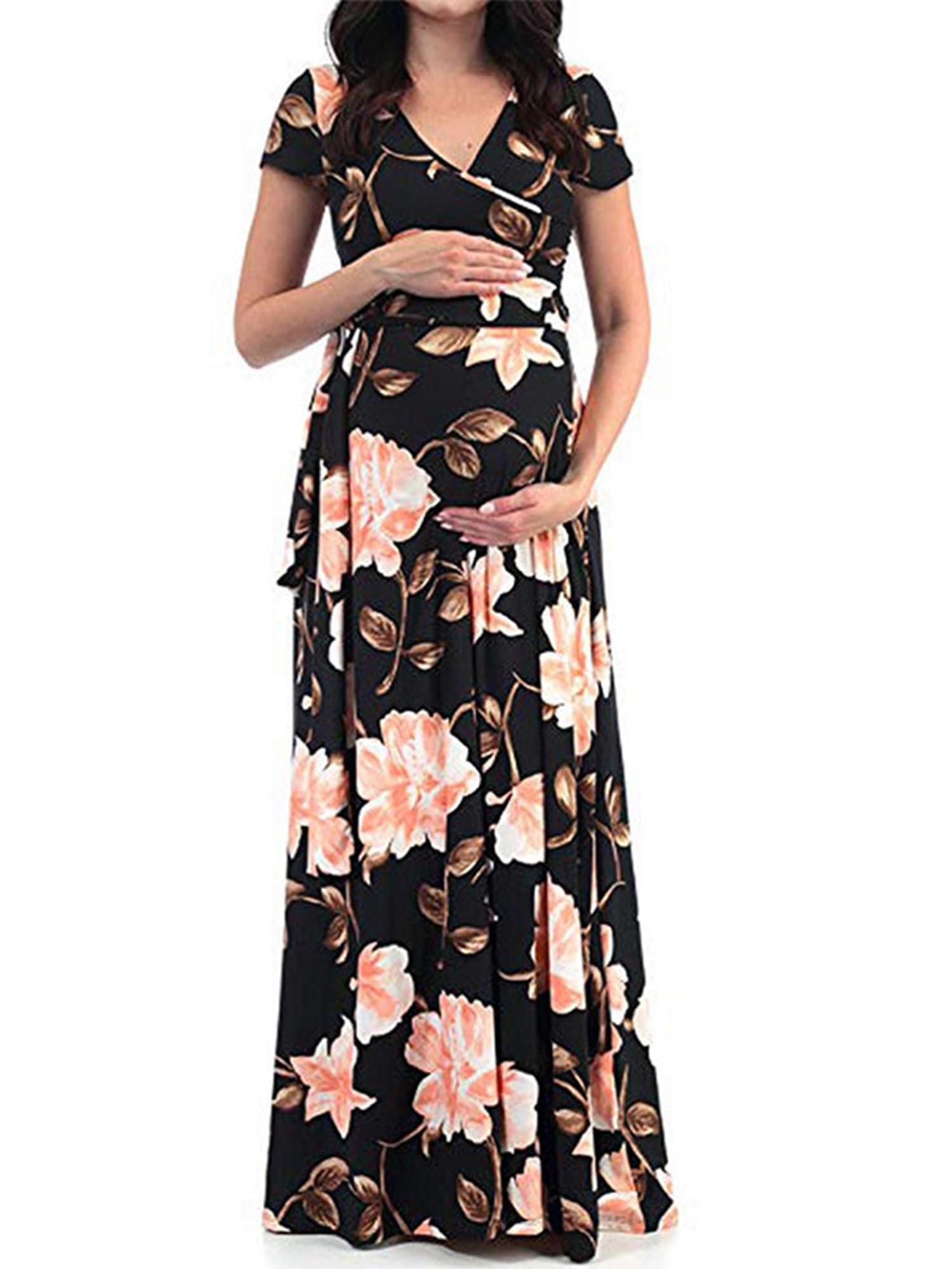 LaClef Women's Faux Wrap Maternity Maxi Dress with Adjustable Belt 