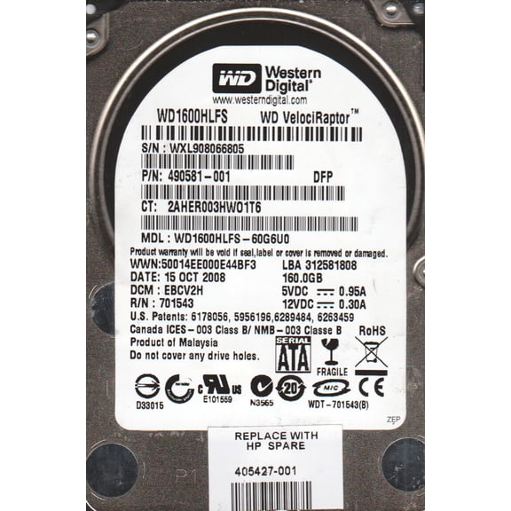WD1600HLFS-60G6U0, DCM EBCV2H, Western Digital 160GB SATA 2.5 Hard Drive