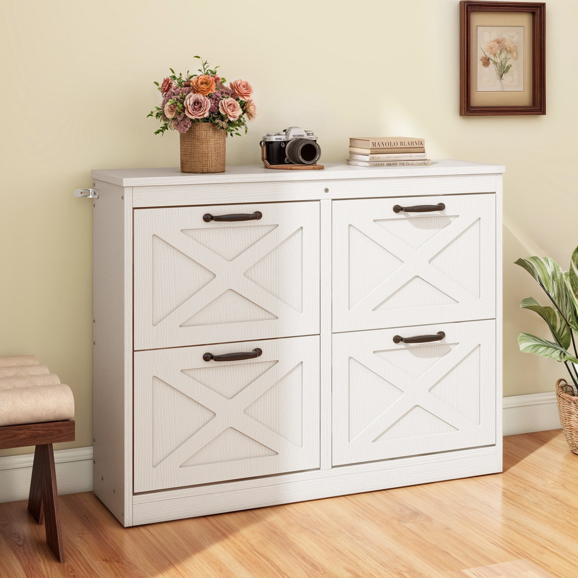 Uforic Shoe Storage Cabinet with 4 Flip Drawers, Farmhouse Wood Shoe Cabinet, FreeStanding Narrow Shoe Rack Organizer with Metal Legs for Entryway, Hallway, White