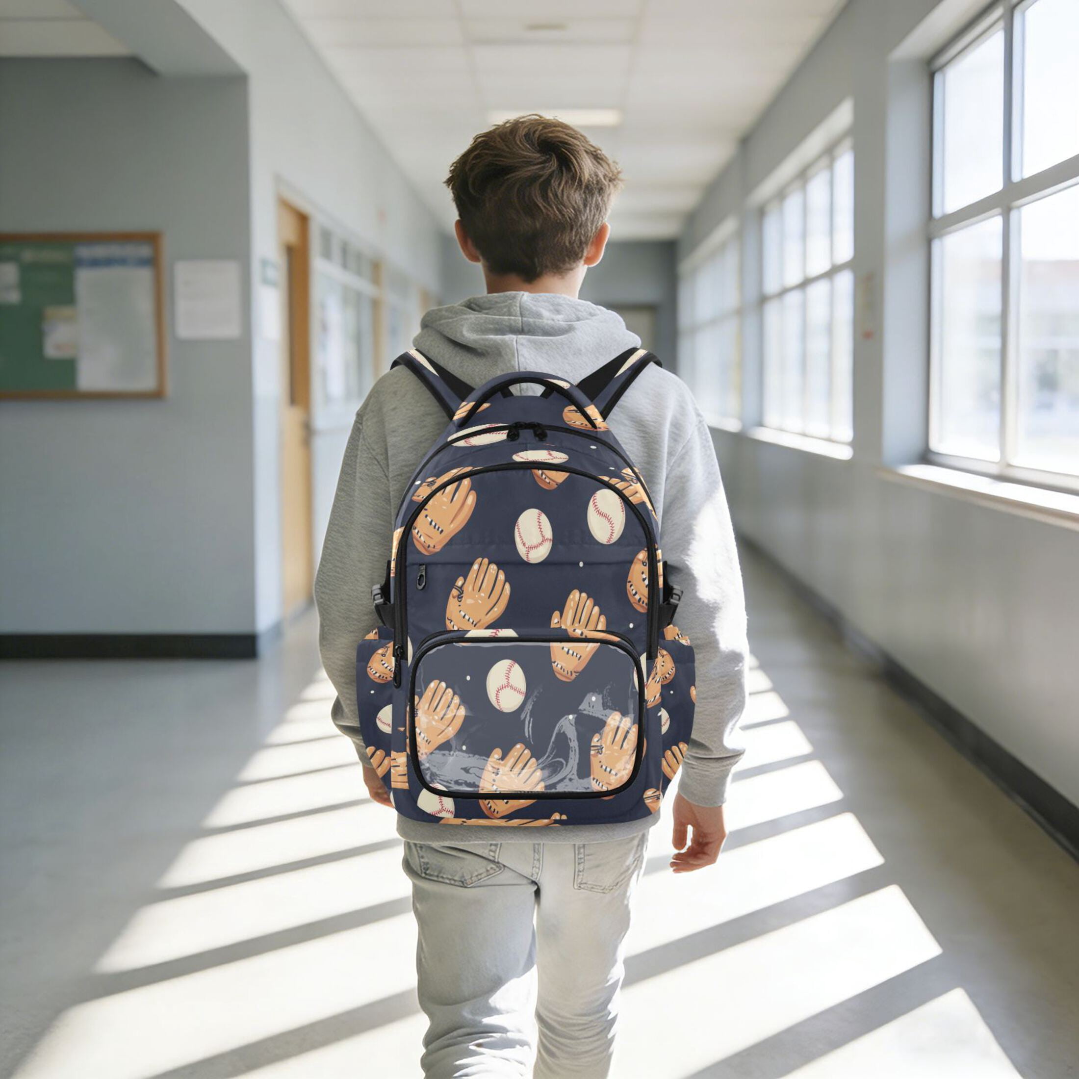 PVC Casual Backpack 25L Daypack with Laptop Compartment Lightweight Travel Backpack for Work Outdoor Activities Baseball Gloves and Balls Pattern