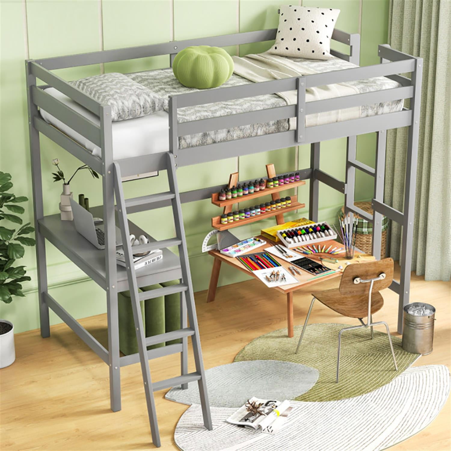Demi Bonn Loft Bed Twin Size, Solid Wood Loft Bed with Desk Angled and Built-in Ladder, Modern Wooden Playhouse Bed Frame, Gray