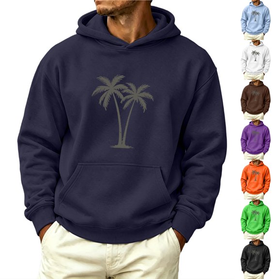 TASICA Men's Twos Palm Trees Print Hoodies Crewneck Solid Color Pullover Tops Casual Long Sleeve Drawstring Blouses Soft Ligthweight Hoodies with Pocket Fall Winter Clothe