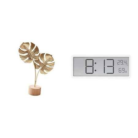 Metal Leaf Sculpture Art Figurine Digital Wall Clock Temperature Humidity Display for Living Room Office